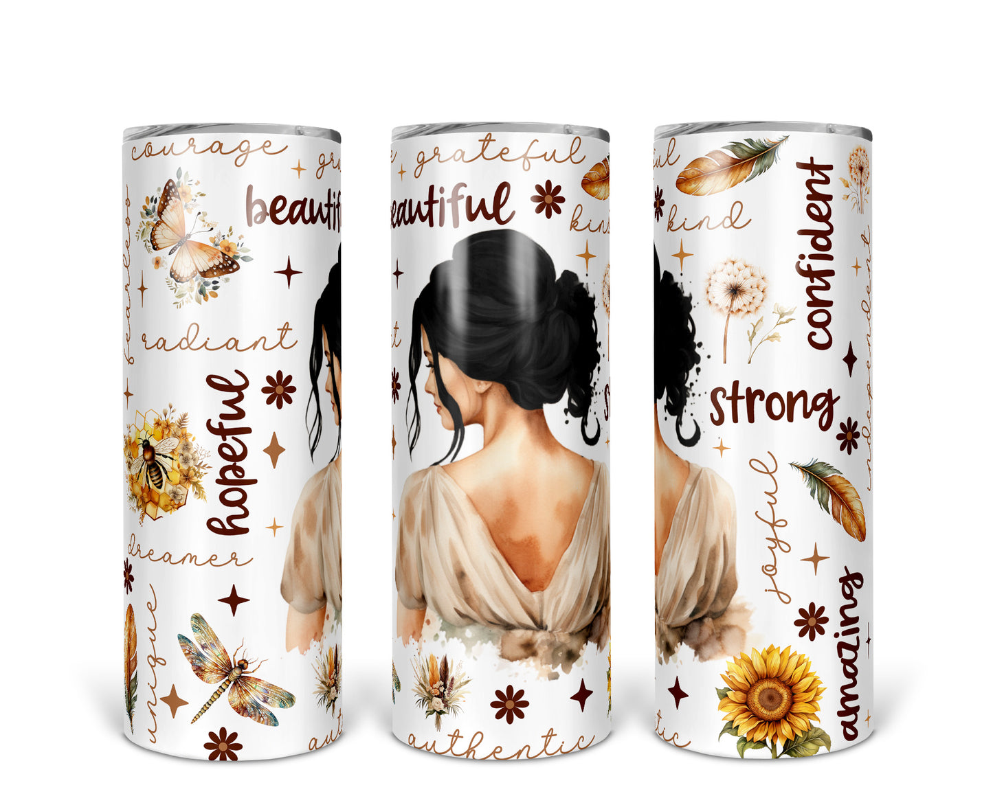 Skinny Tumbler with Straw, 20oz, Affirmation, Woman Dark Hair, awd-502