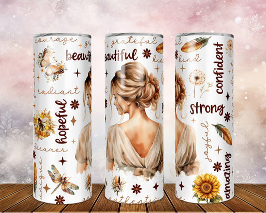 Skinny Tumbler with Straw, 20oz, Affirmation, Woman Blonde Hair, awd-503