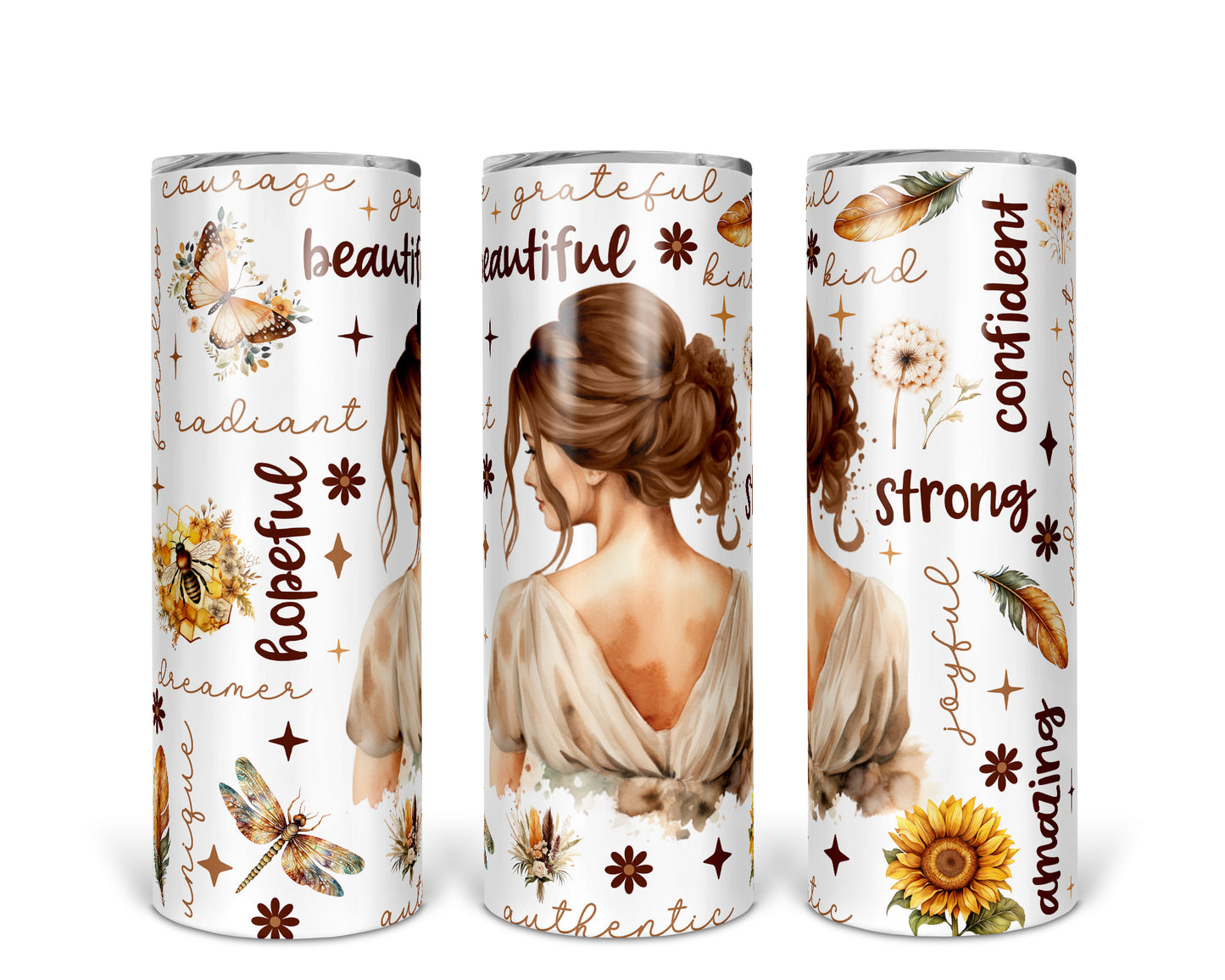 Skinny Tumbler with Straw, 20oz, Affirmation, Woman Brown Hair, awd-504