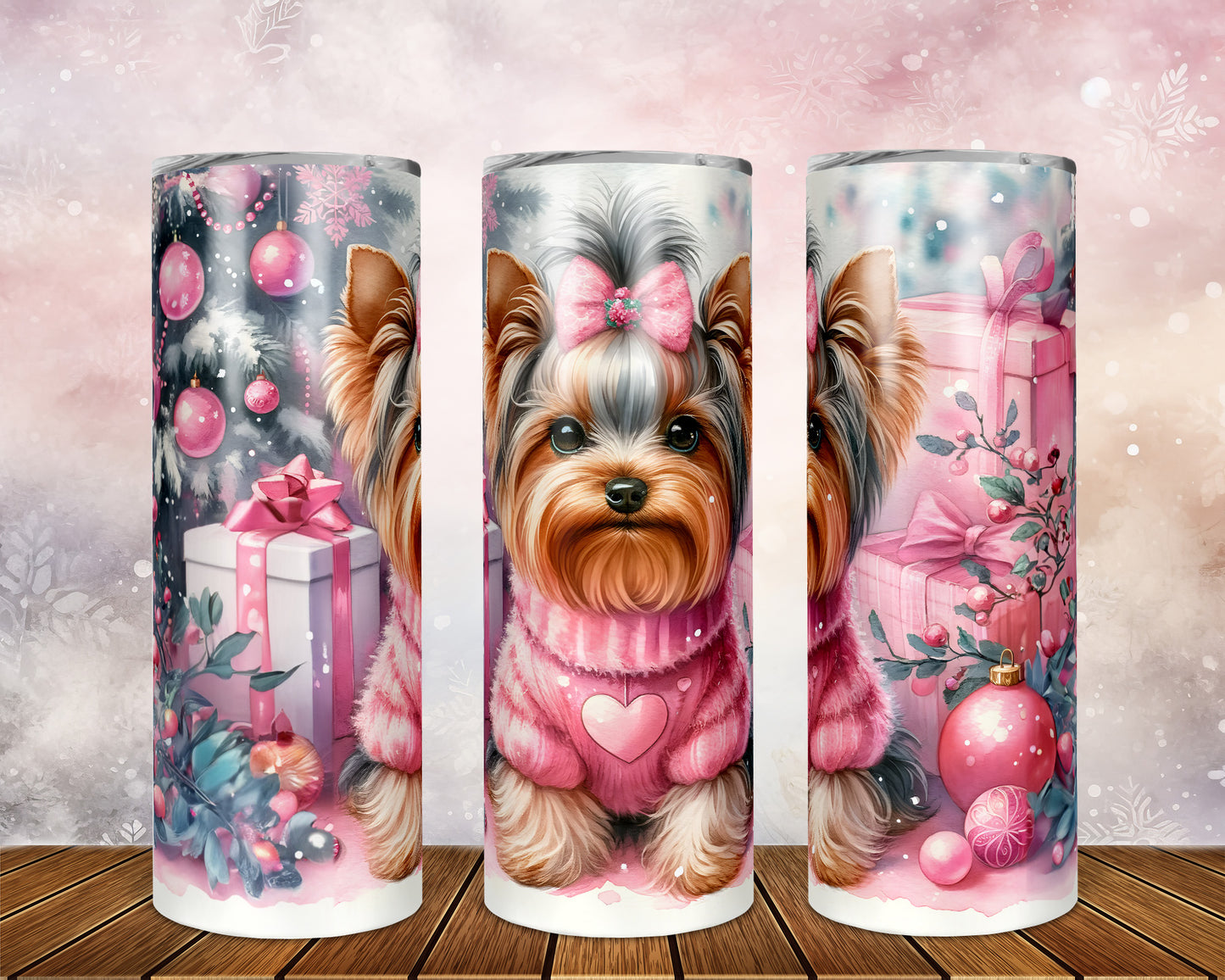 Skinny Tumbler with Straw, 20oz, Christmas Yorkshire Terrier, awd-222