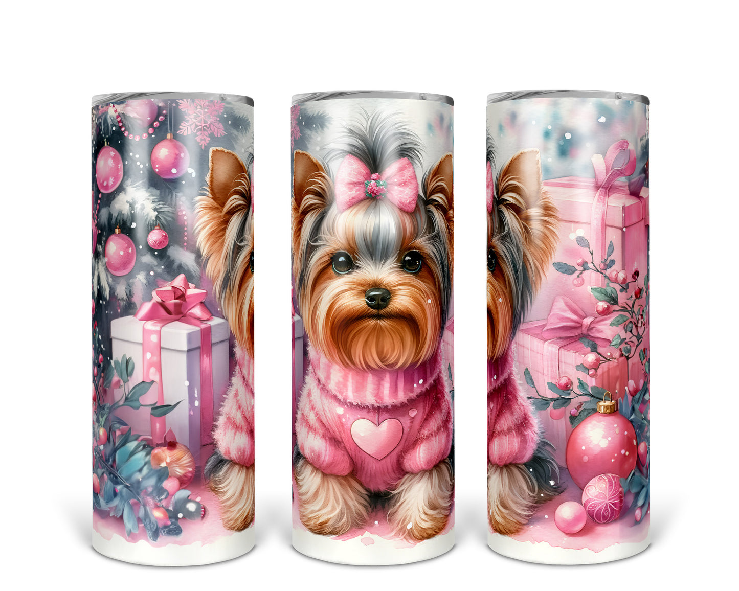 Skinny Tumbler with Straw, 20oz, Christmas Yorkshire Terrier, awd-222