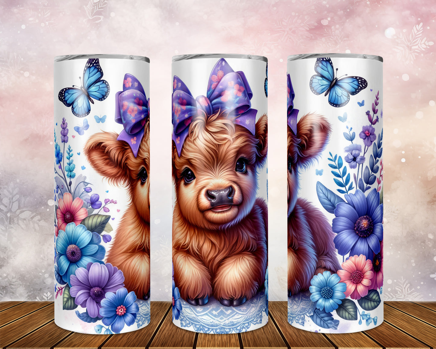 Skinny Tumbler with Straw, 20oz, Baby Highland Cow Pink & Purple