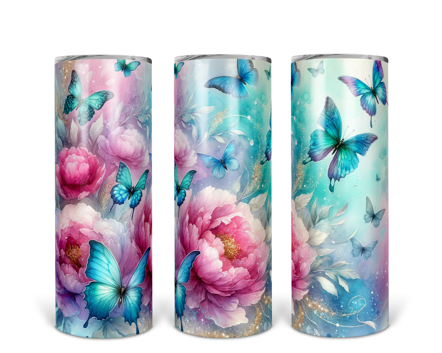 Skinny Tumbler with Straw, 20oz, Floral Butterflies, awd-332