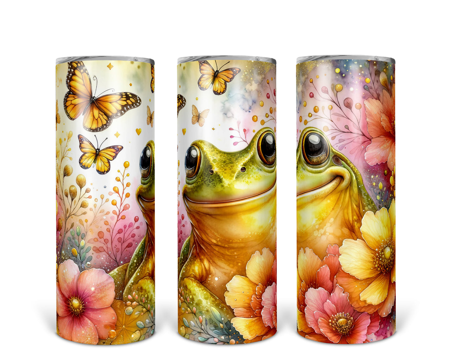 Skinny Tumbler with Straw, 20oz, Floral & Frog, awd-410