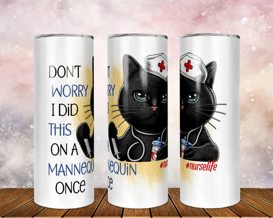 Skinny Tumbler with Straw, 20oz, Nurse Cat Quote