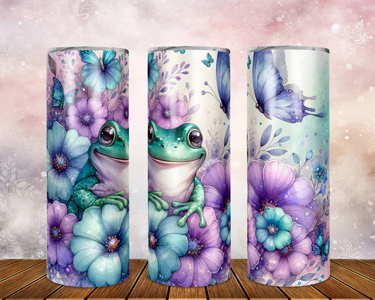 Skinny Tumbler with Straw, 20oz, Floral & Frog, awd-413