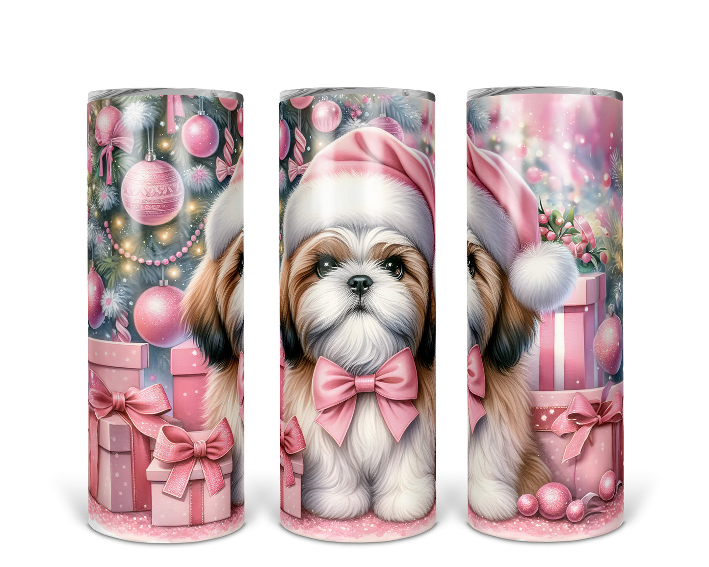 Skinny Tumbler with Straw, 20oz, Christmas Cute Puppy - Shiatzu