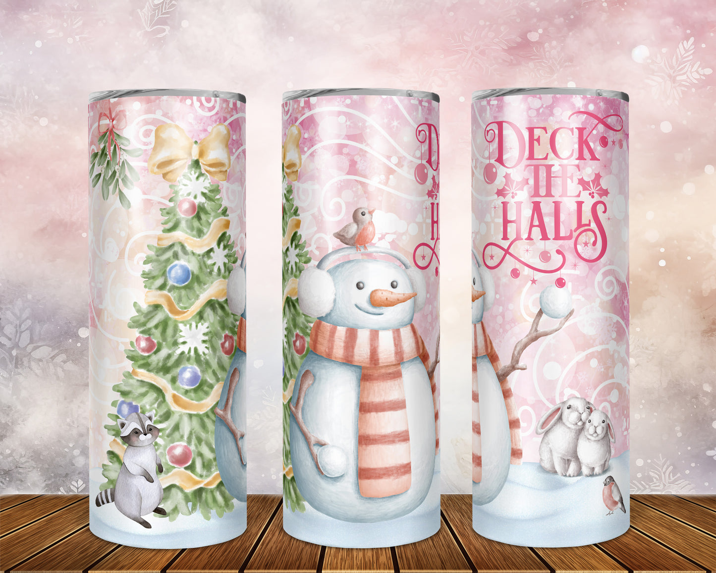 Skinny Tumbler with Straw, 20oz, Snowman, Deck the Halls