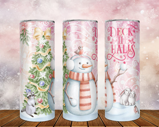 Skinny Tumbler with Straw, 20oz, Snowman, Deck the Halls