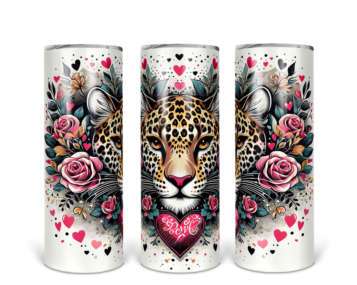 Skinny Tumbler with Straw, 20oz, Heart Leopard, awd-422