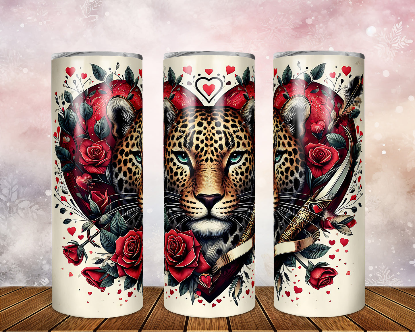 Skinny Tumbler with Straw, 20oz, Heart Leopard, awd-430