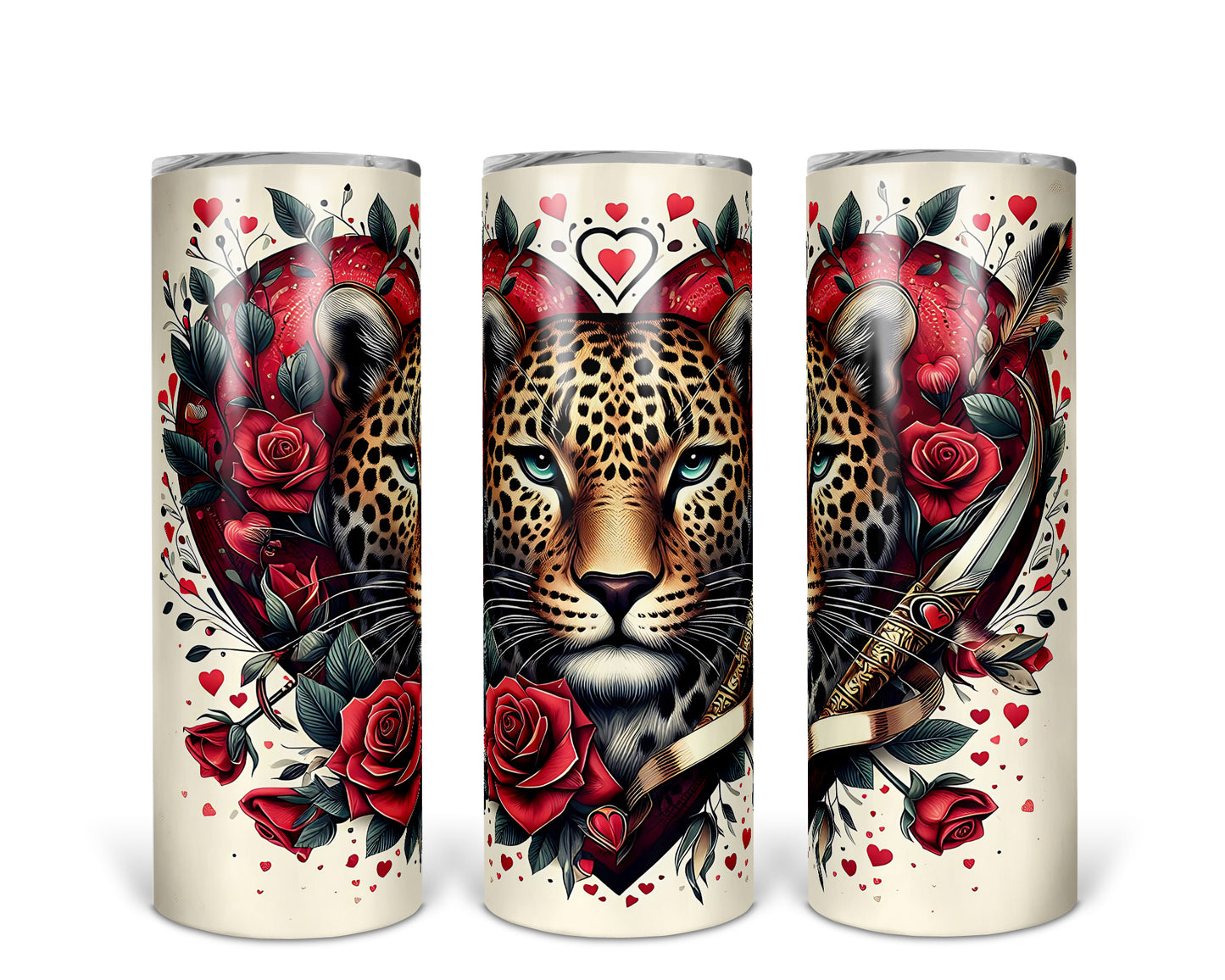 Skinny Tumbler with Straw, 20oz, Heart Leopard, awd-430