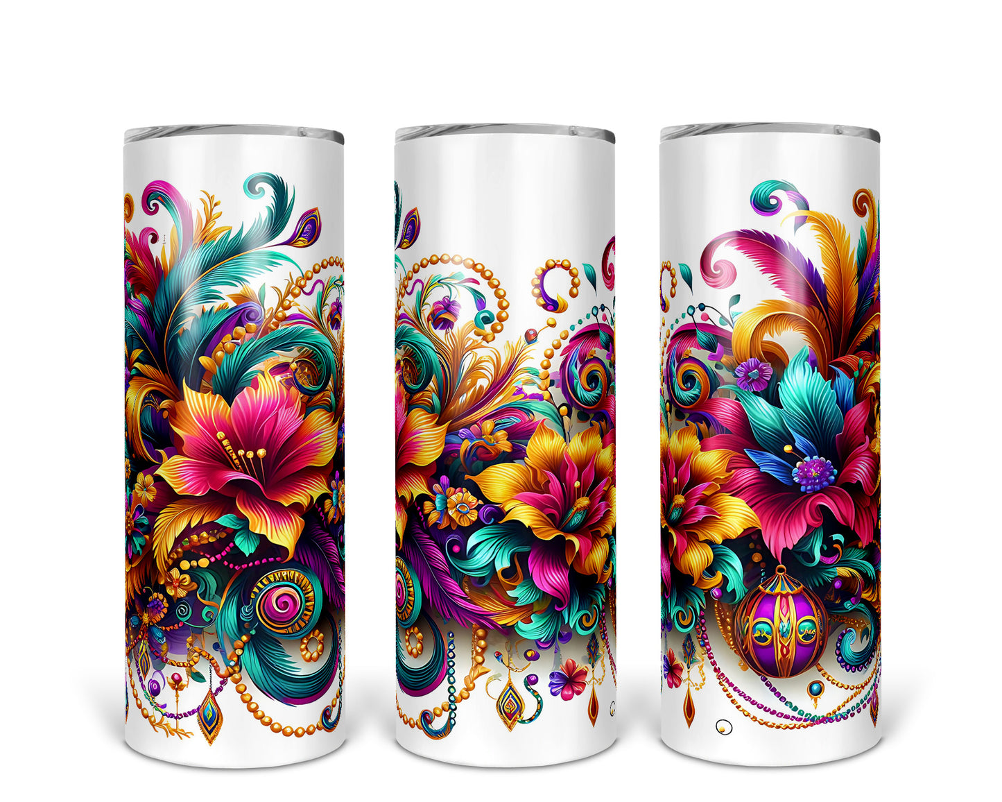 Skinny Tumbler with Straw, 20oz, Floral, Mardi Gras