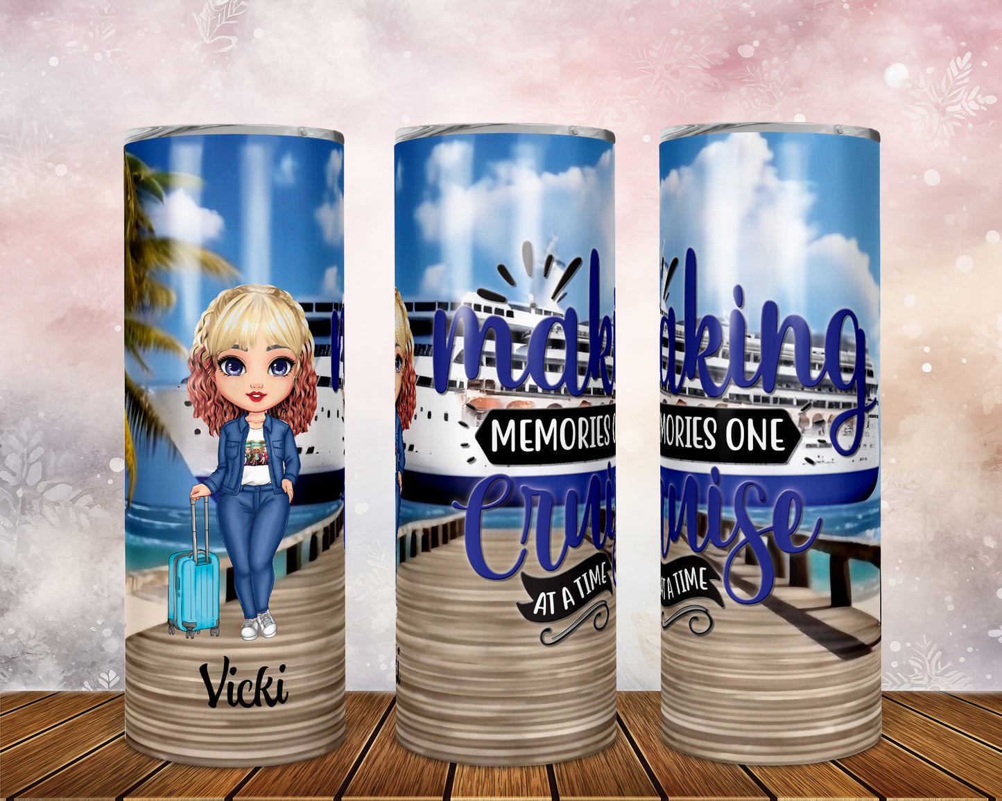 Skinny Tumbler with Straw, 20oz Cruise, Personalised Making Memories One Cruise at a Time, Blonde Hair, Red tips, Blue Eyes