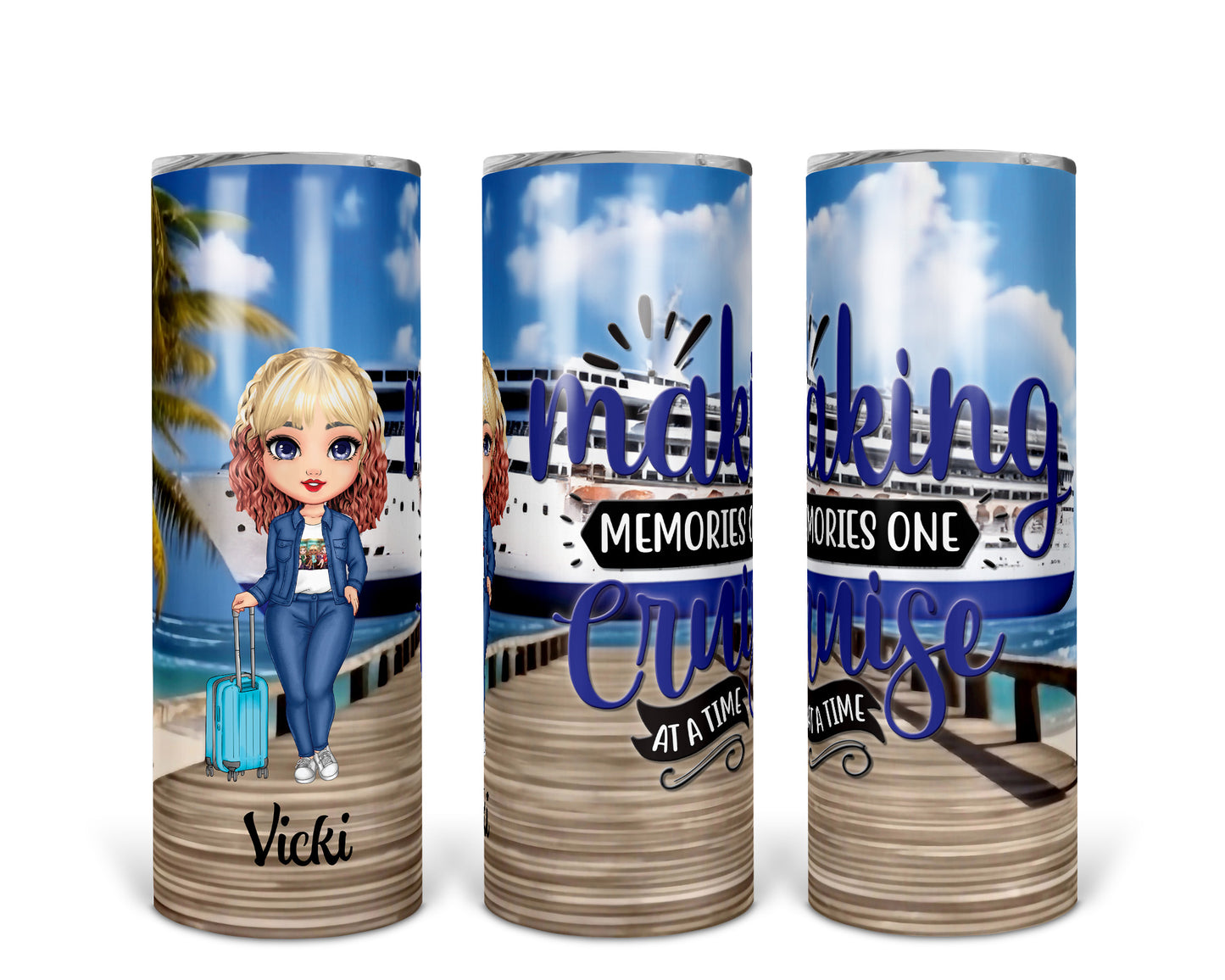 Skinny Tumbler with Straw, 20oz Cruise, Personalised Making Memories One Cruise at a Time, Blonde Hair, Red tips, Blue Eyes