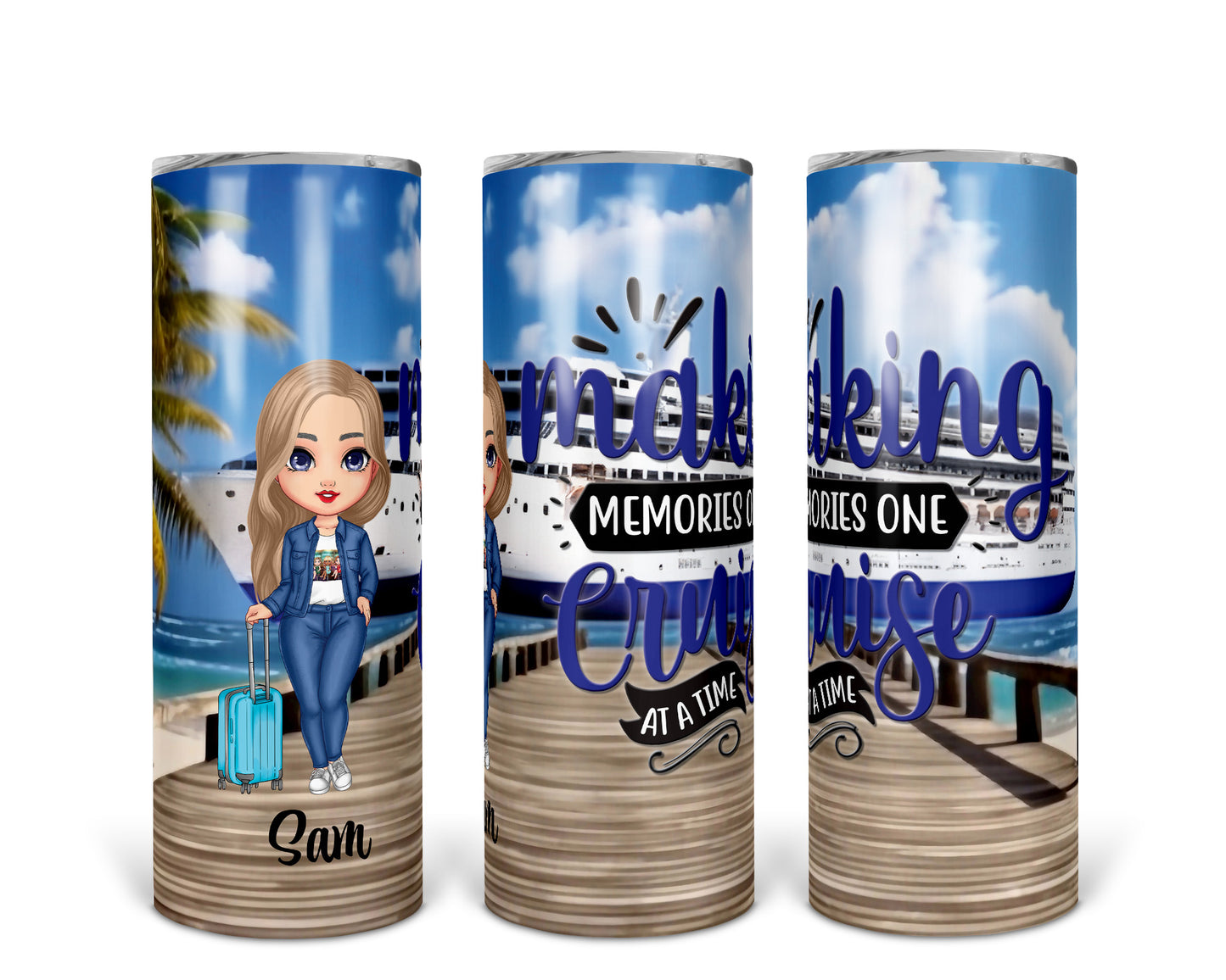 Skinny Tumbler with Straw, 20oz Cruise, Personalised Making Memories One Cruise at a Time, Blonde, Hair Blue Eyes