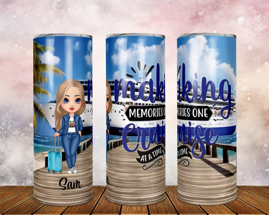 Skinny Tumbler with Straw, 20oz Cruise, Personalised Making Memories One Cruise at a Time, Blonde, Hair Blue Eyes