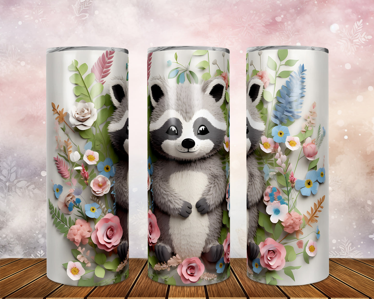 Skinny Tumbler with Straw, 20oz, Racoon