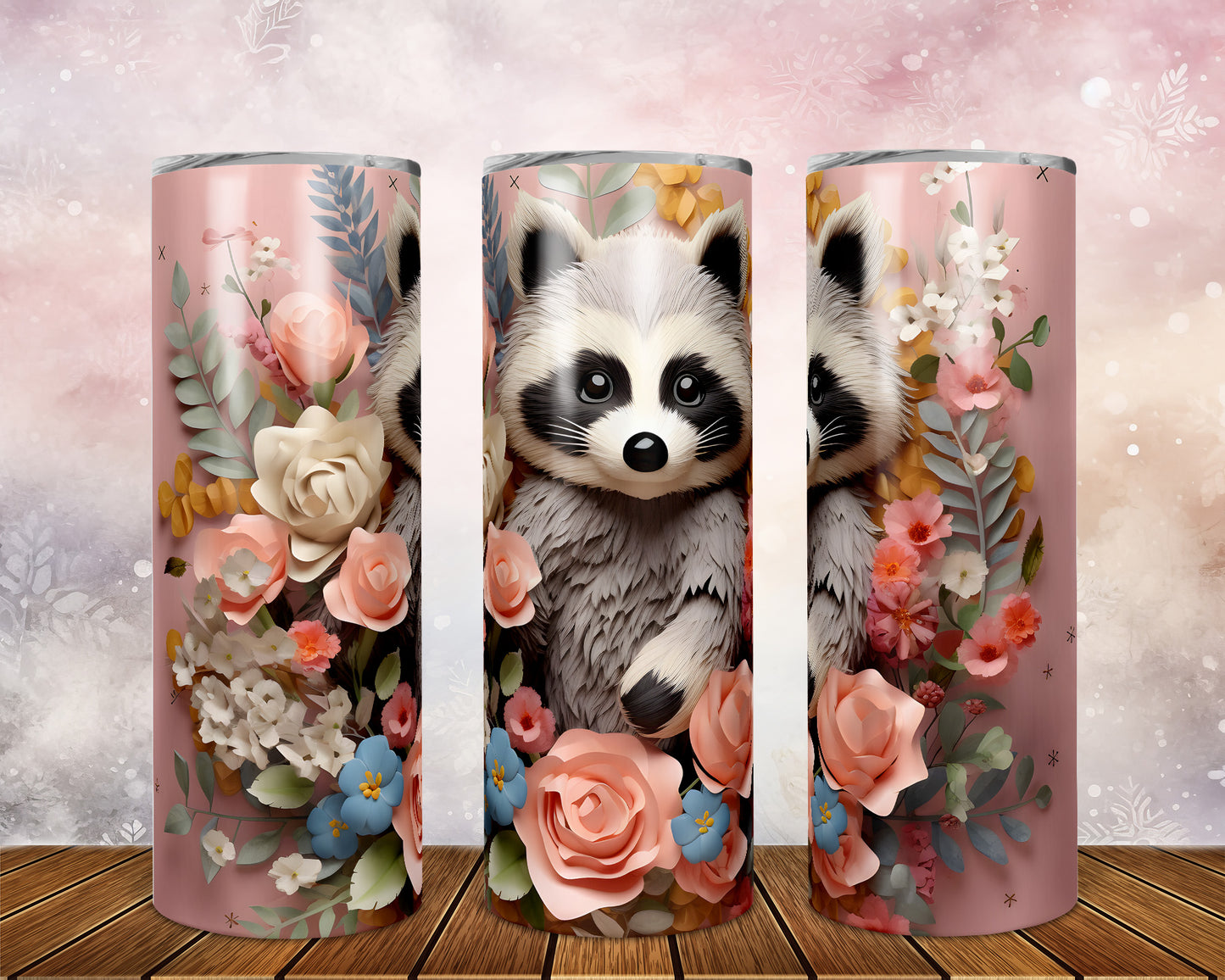 Skinny Tumbler with Straw, 20oz, Racoon