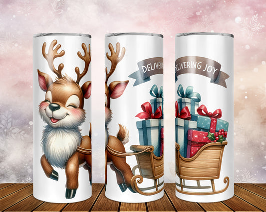 Skinny Tumbler with Straw, 20oz, Reindeer Sleigh