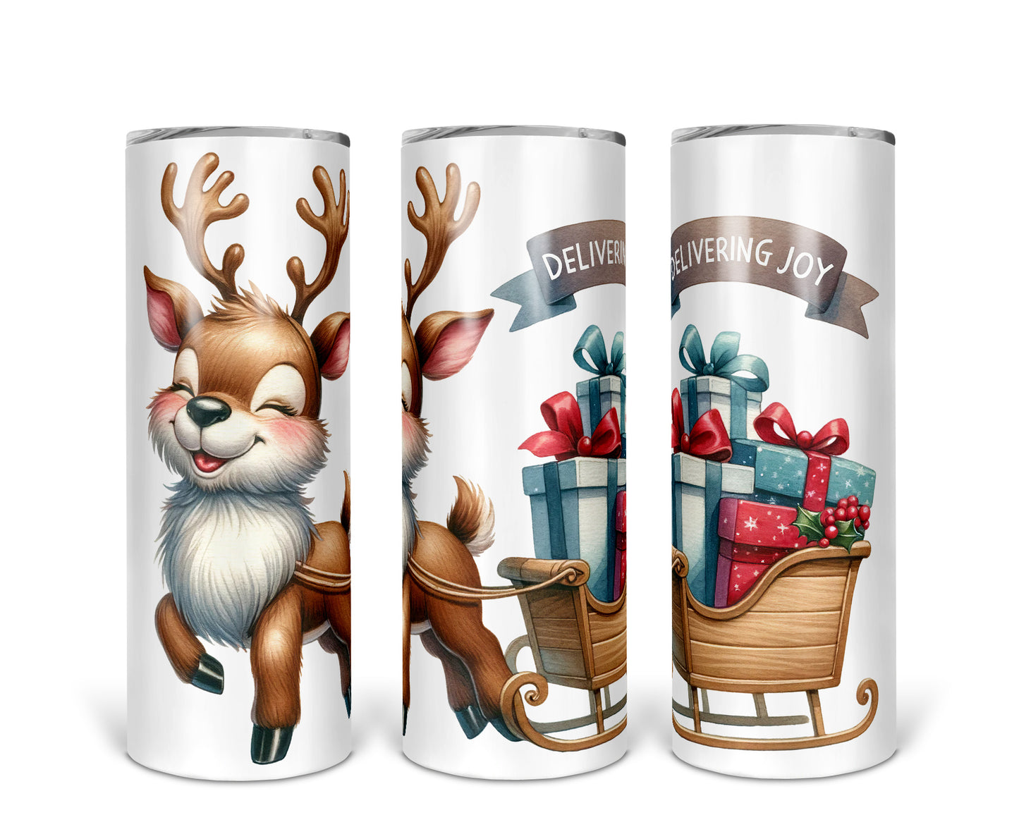 Skinny Tumbler with Straw, 20oz, Reindeer Sleigh