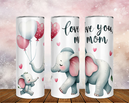 Skinny Tumbler with Straw, 20oz, Elephant, Love You Mum, awd-237