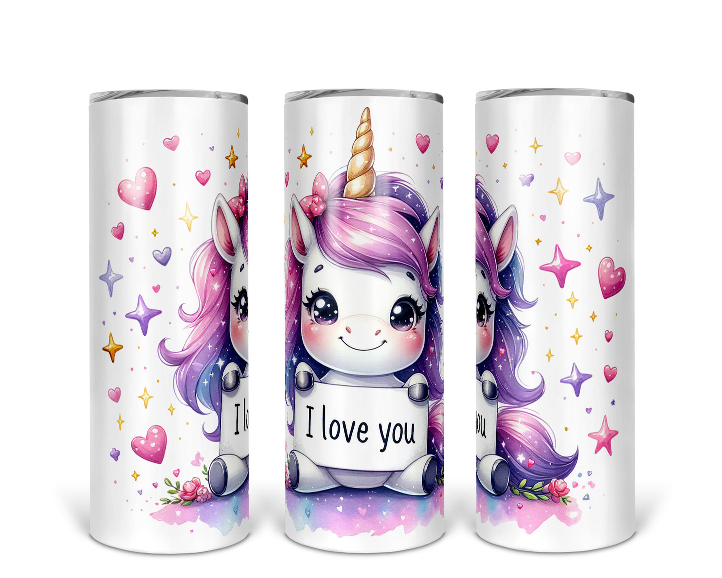 Skinny Tumbler with Straw, 20oz, Unicorn, I Love you