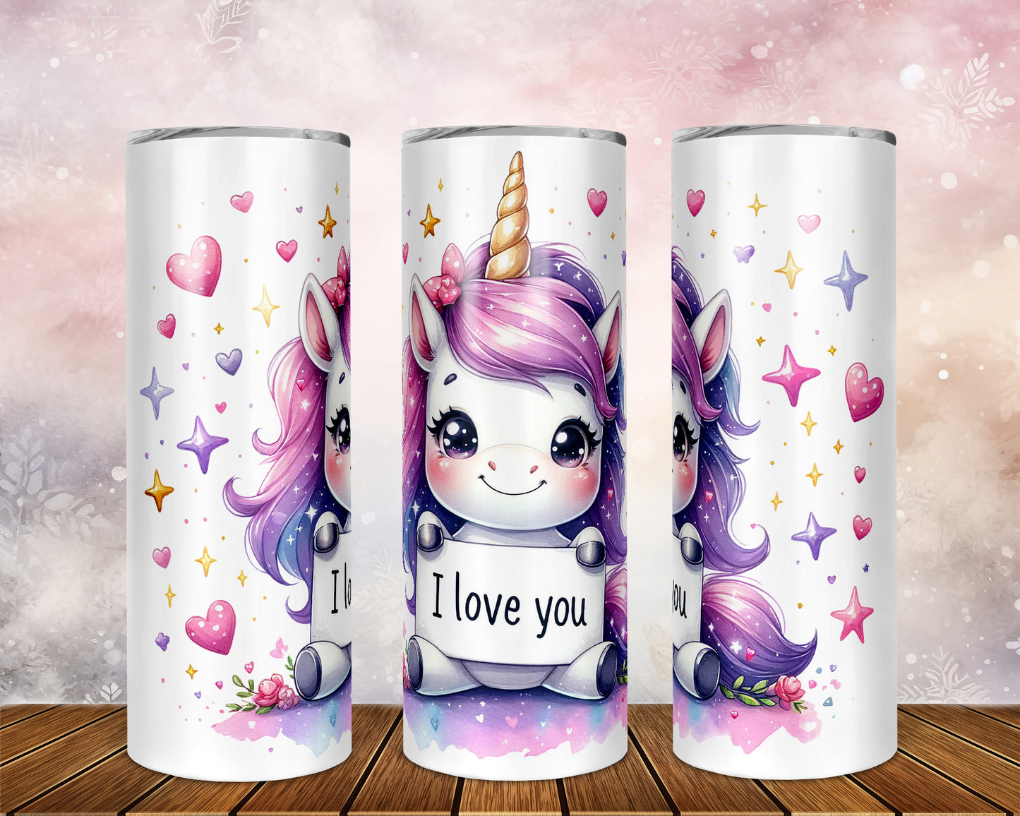 Skinny Tumbler with Straw, 20oz, Unicorn, I Love you