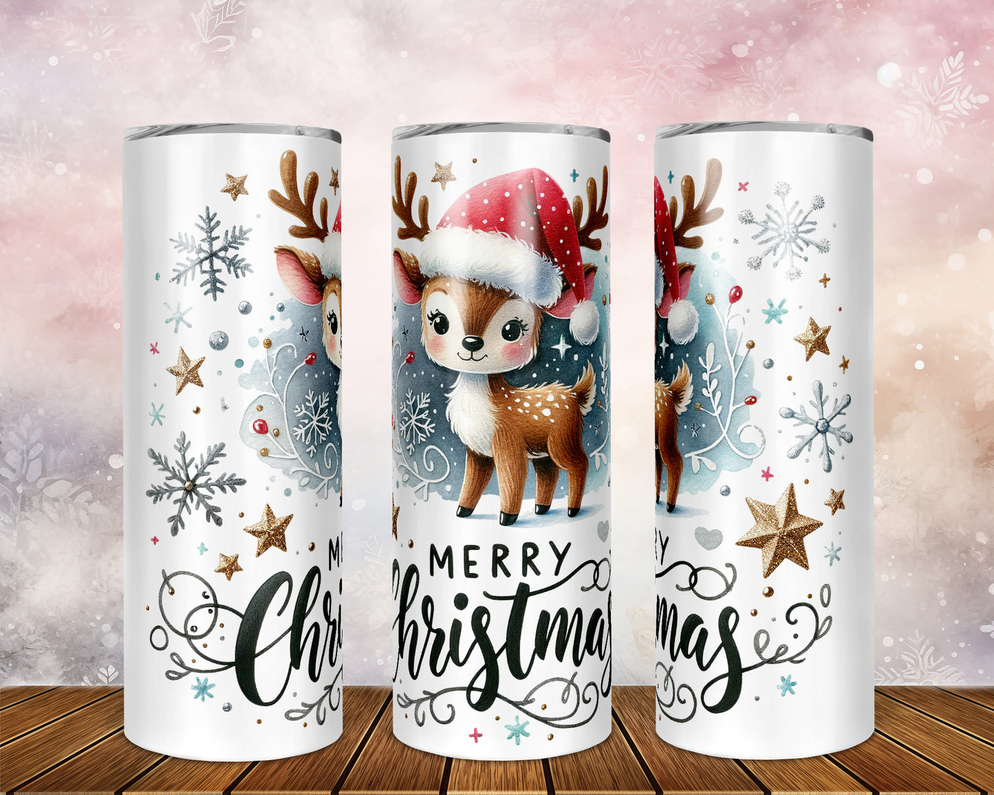 Skinny Tumbler with Straw, 20oz, Reindeer, Merry Christmas