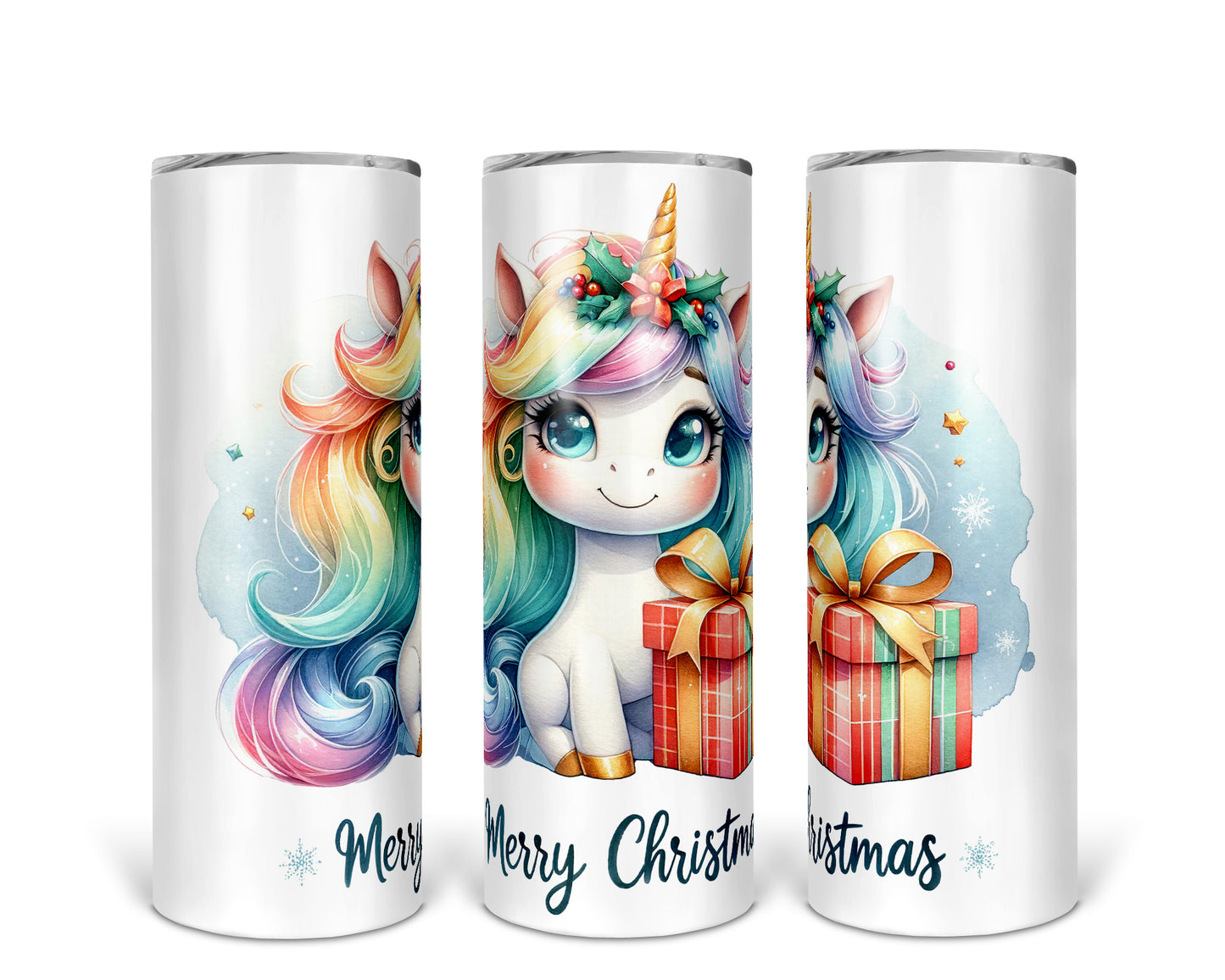 Skinny Tumbler with Straw, 20oz, Unicorn, Merry Christmas