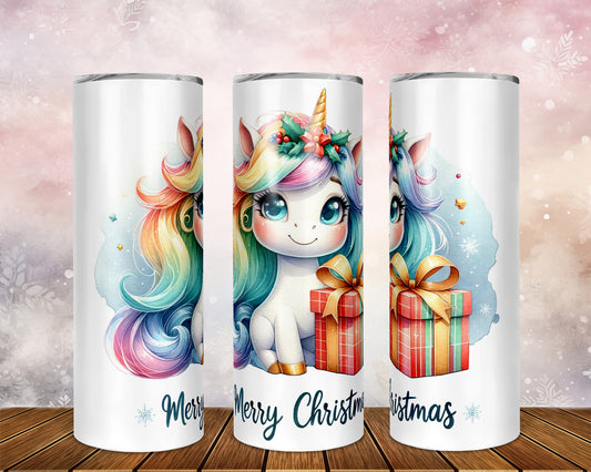 Skinny Tumbler with Straw, 20oz, Unicorn, Merry Christmas