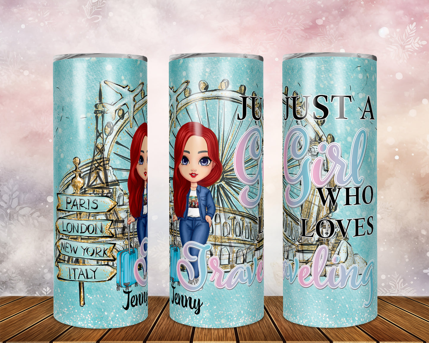 Skinny Tumbler with Straw, 20oz, Personalized, Just A Girl Who Loves Travelling, Red Hair