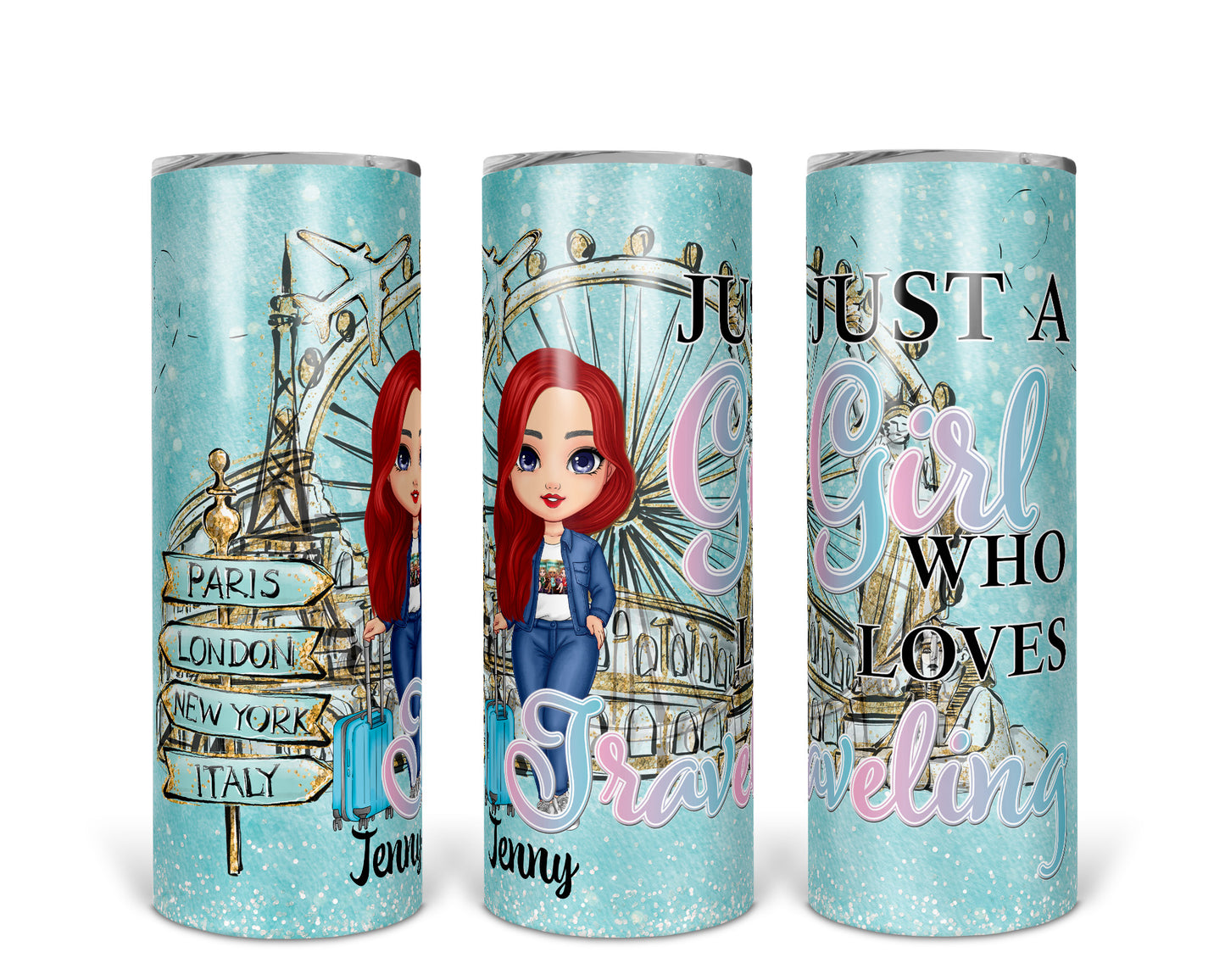 Skinny Tumbler with Straw, 20oz, Personalized, Just A Girl Who Loves Travelling, Red Hair