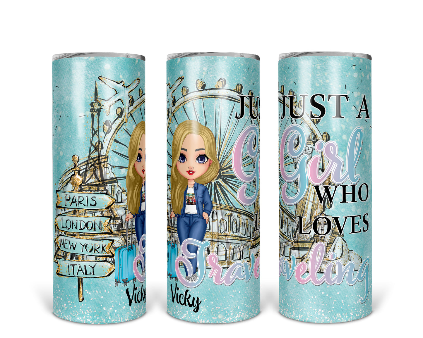 Skinny Tumbler with Straw, 20oz, Personalized, Just A Girl Who Loves Travelling, Light Blonde Hair