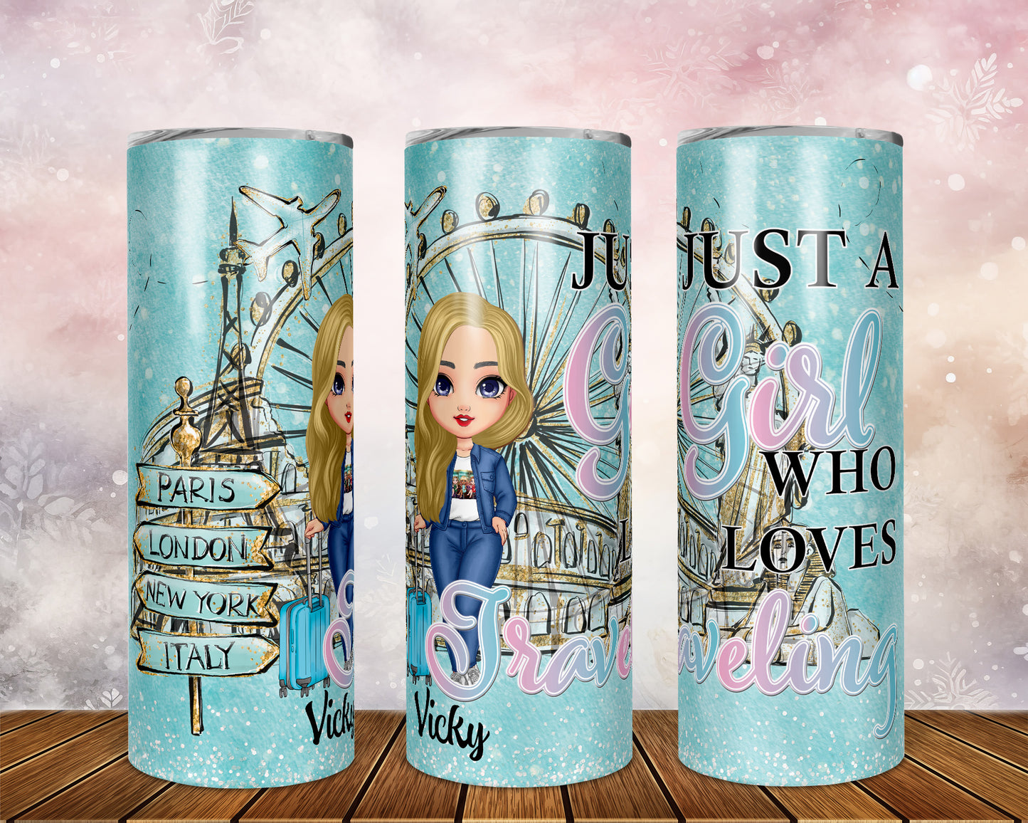 Skinny Tumbler with Straw, 20oz, Personalized, Just A Girl Who Loves Travelling, Light Blonde Hair