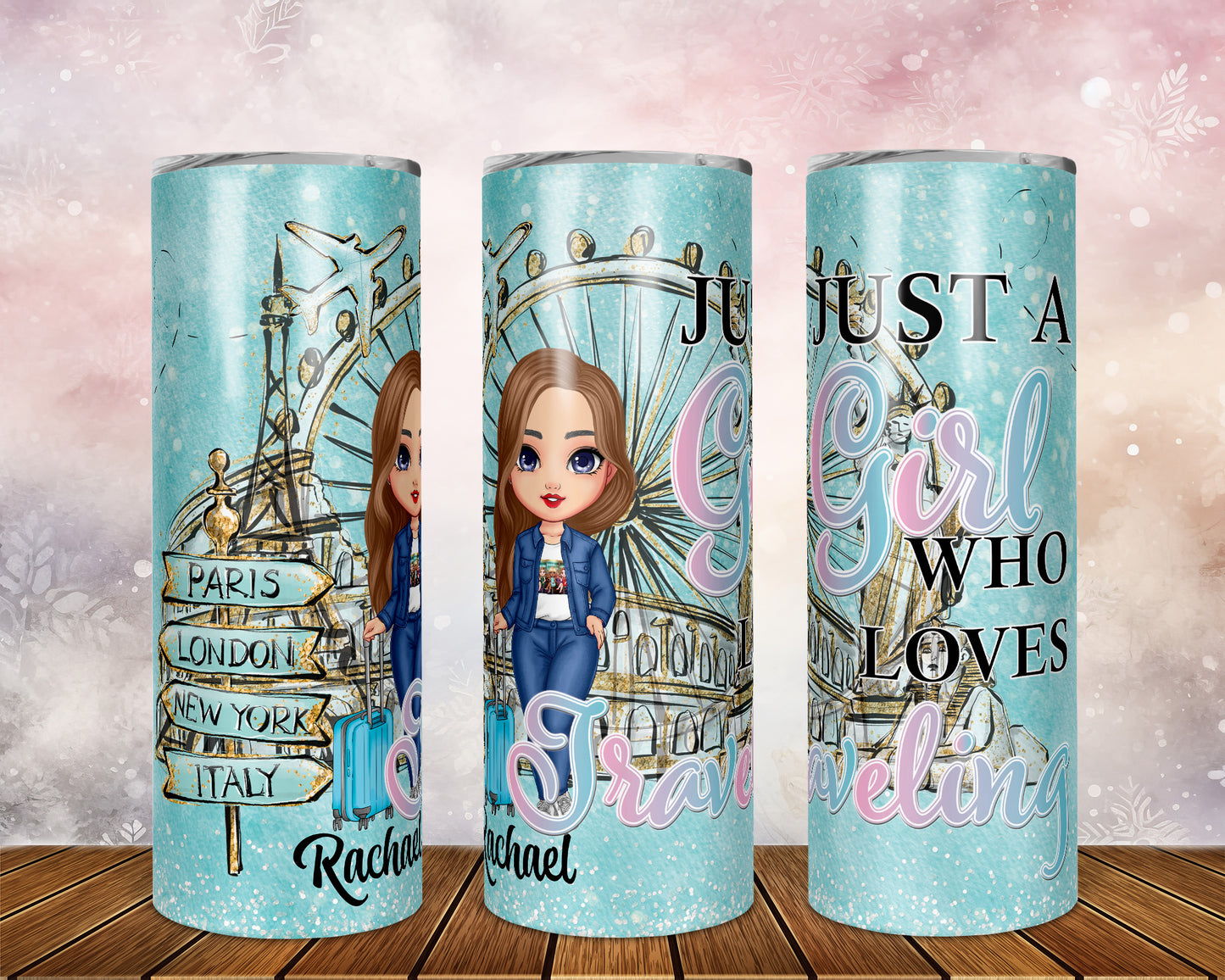 Skinny Tumbler with Straw, 20oz, Personalized, Just A Girl Who Loves Travelling, Brown Hair