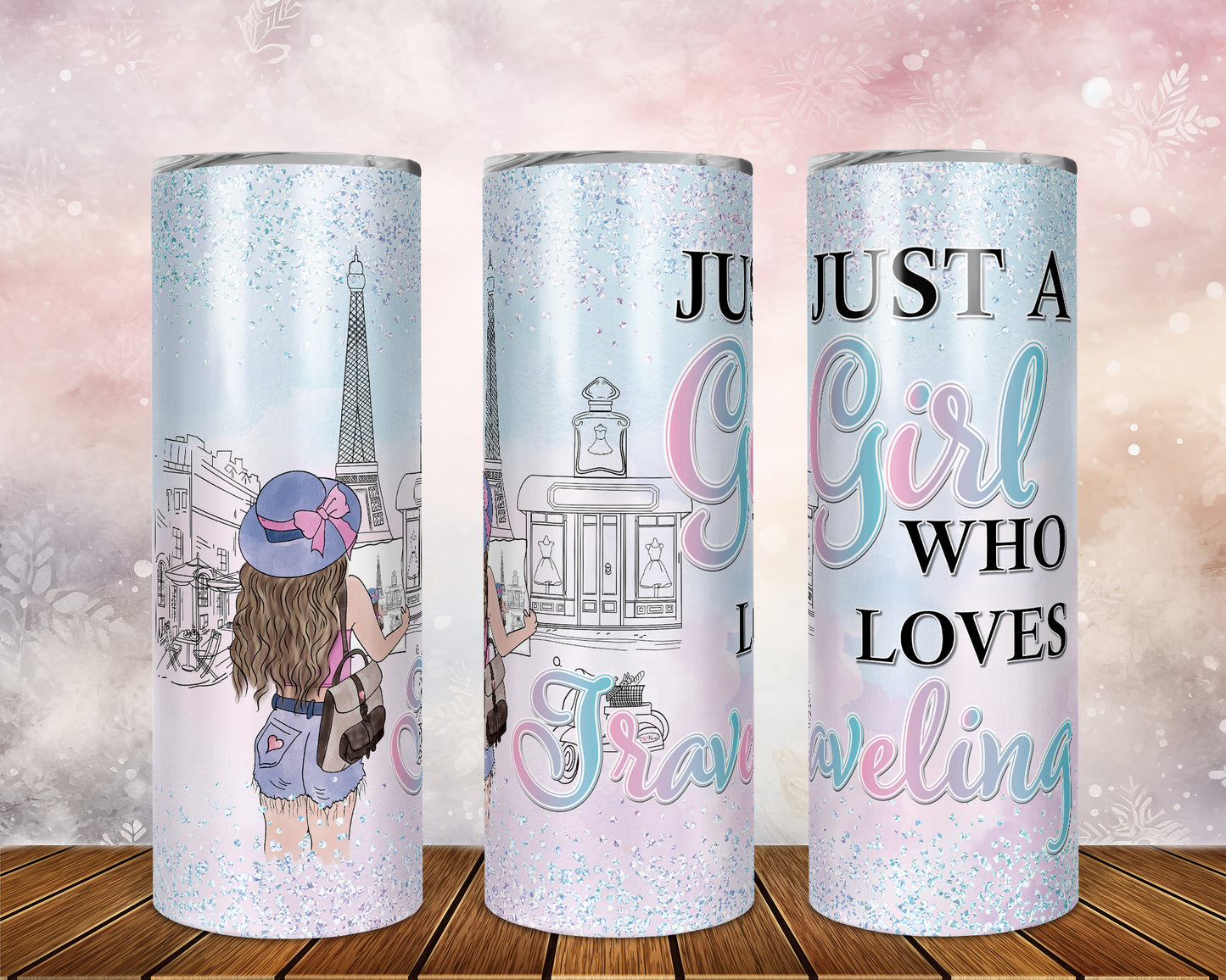 Skinny Tumbler with Straw, 20oz, Personalized, Paris, Just A Girl Who Loves Travelling