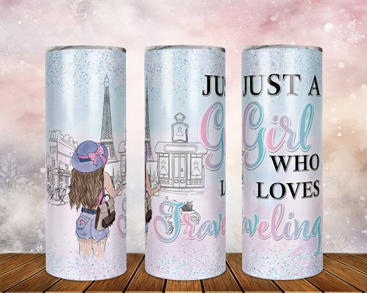 Skinny Tumbler with Straw, 20oz, Personalized, Paris, Just A Girl Who Loves Travelling