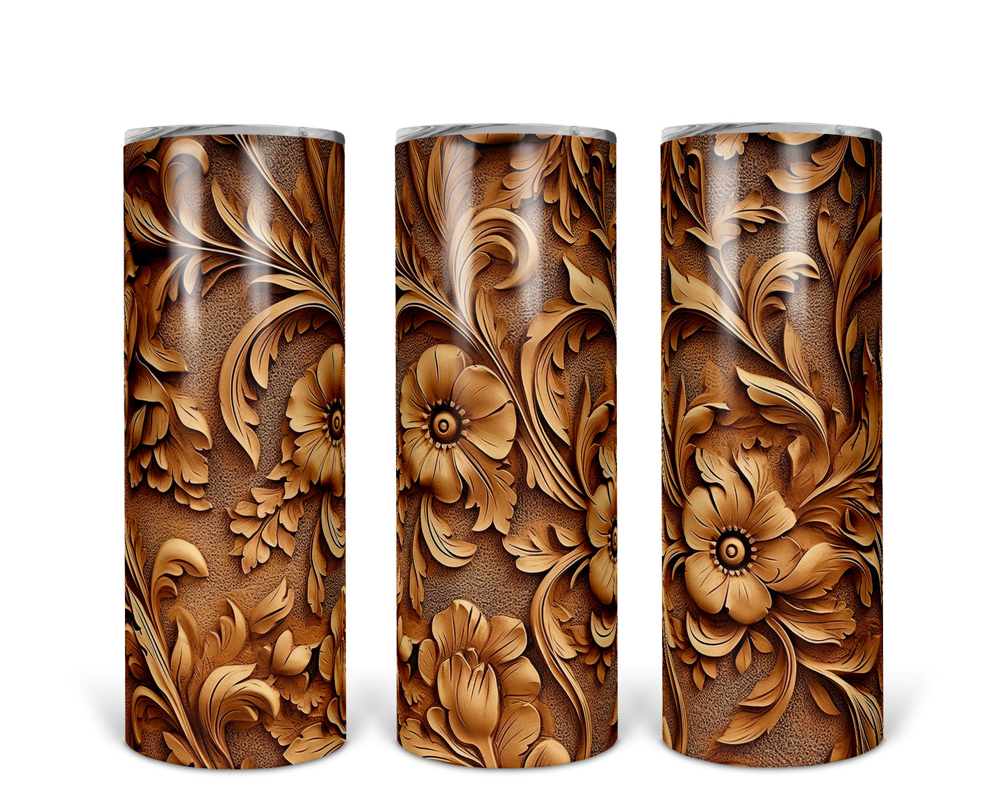 Skinny Tumbler with Straw, 20oz,  Floral carved wood/leather look awd-347