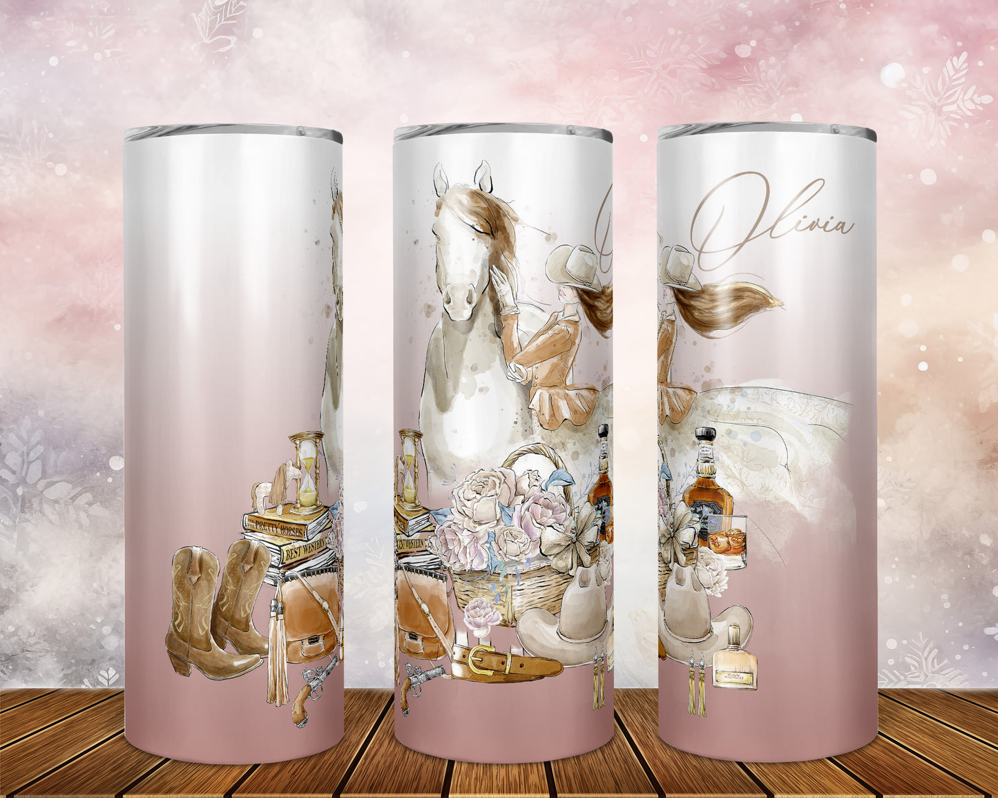 Skinny Tumbler with Straw, 20oz, Personalised Horse and Girl, Western