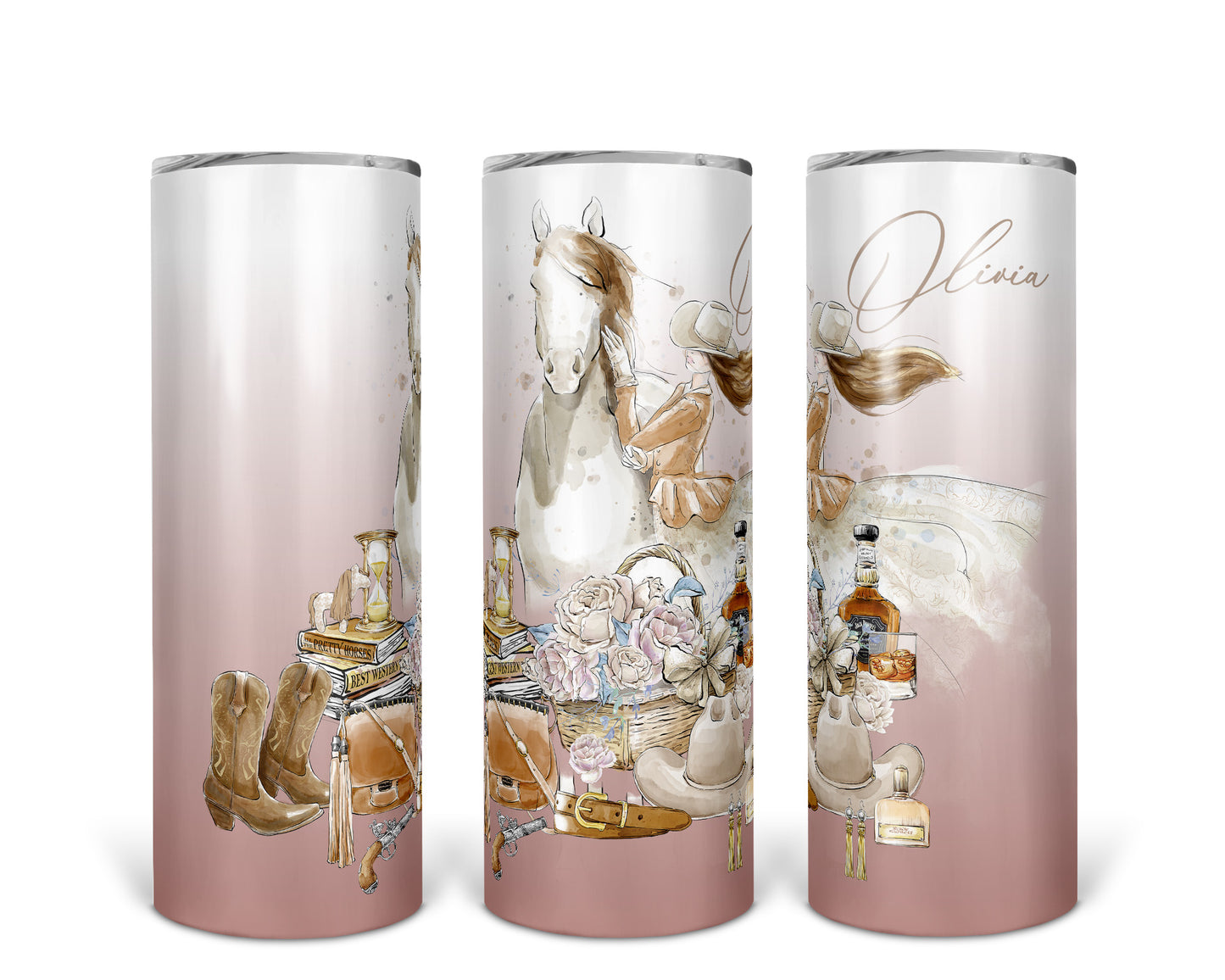 Skinny Tumbler with Straw, 20oz, Personalised Horse and Girl, Western