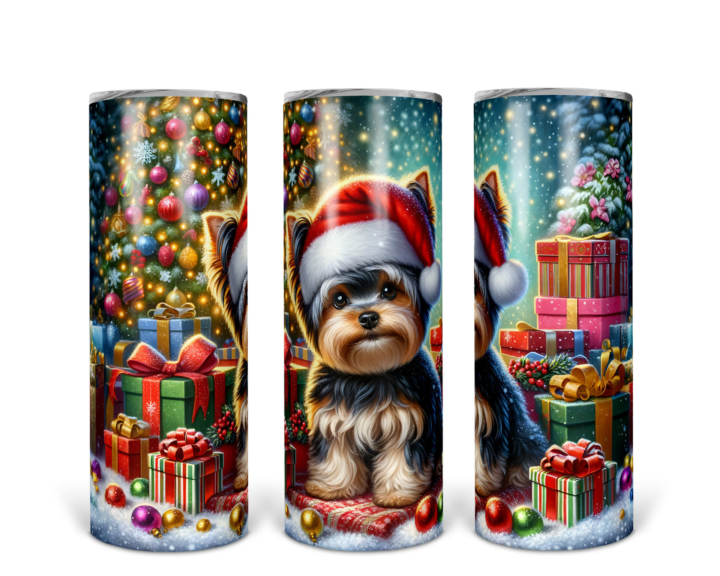 Skinny Tumbler with Straw, 20oz, Christmas Yorkshire Terrier