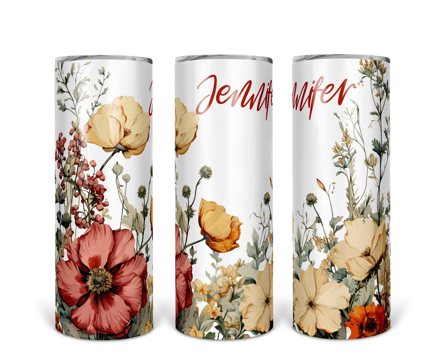 Skinny Tumbler with Straw, 20oz, Personalised, Floral