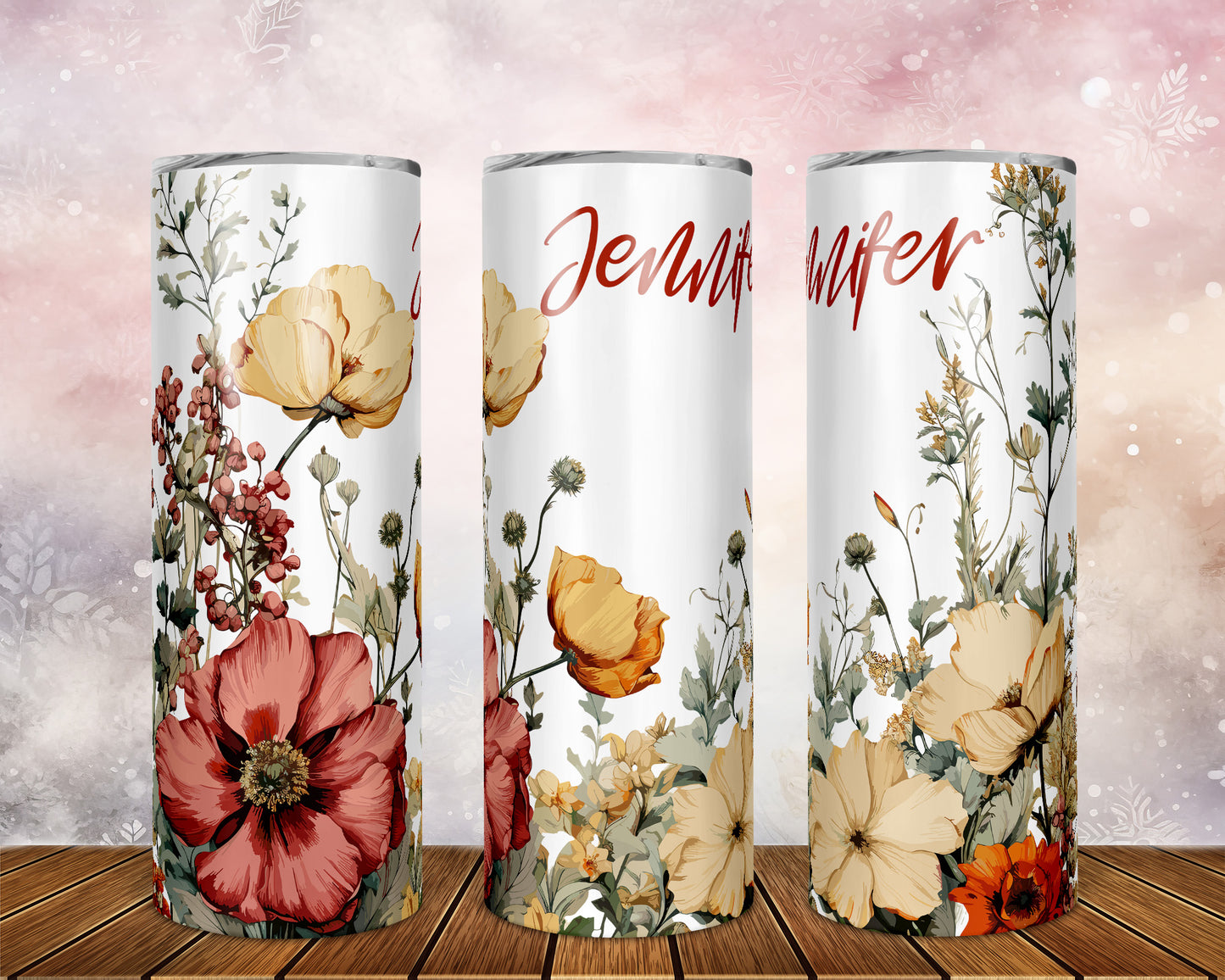 Skinny Tumbler with Straw, 20oz, Personalised, Floral