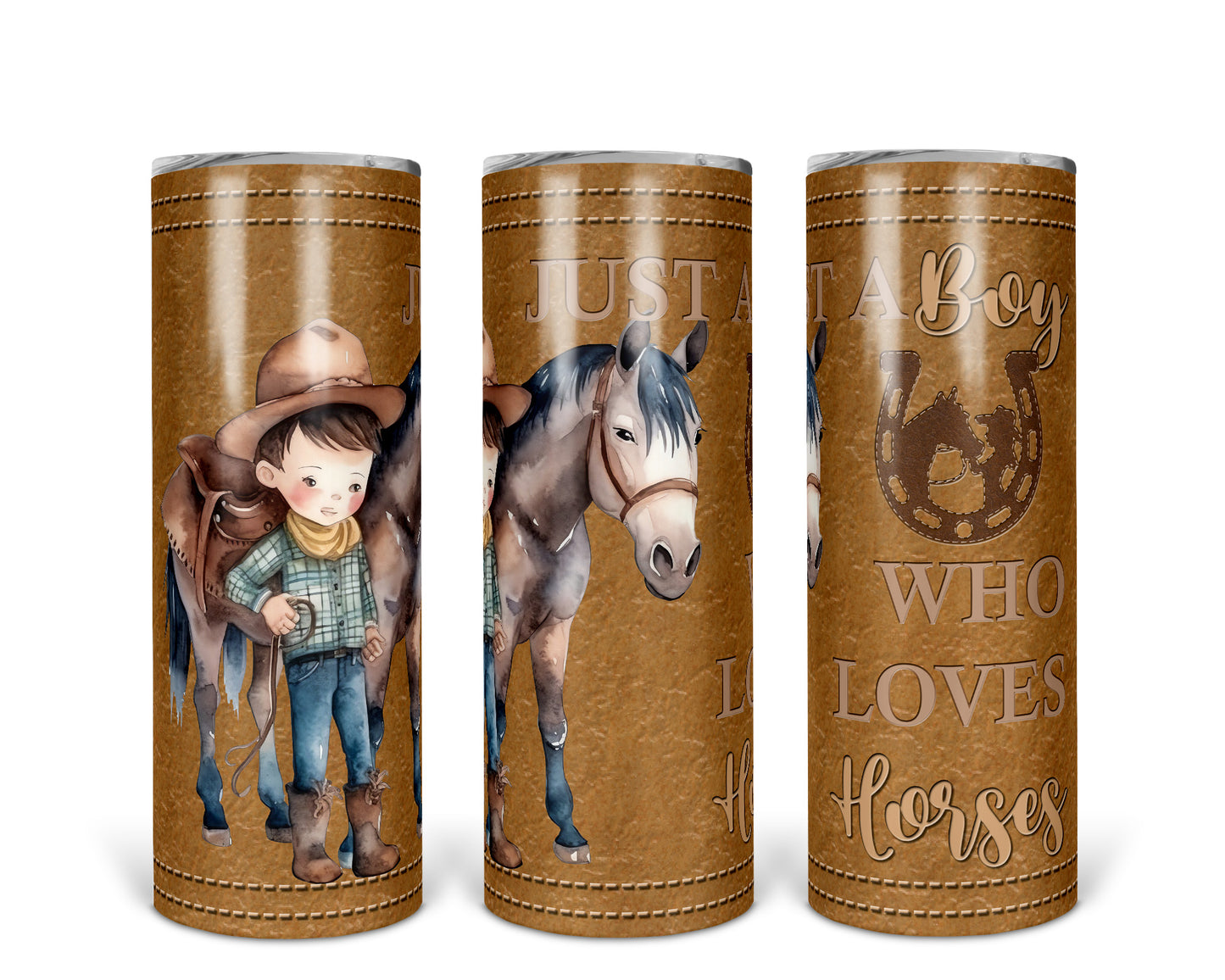 Skinny Tumbler with Straw, 20oz, Personalised, Horse and Boy, Western, Just a Boy Who Loves Horses