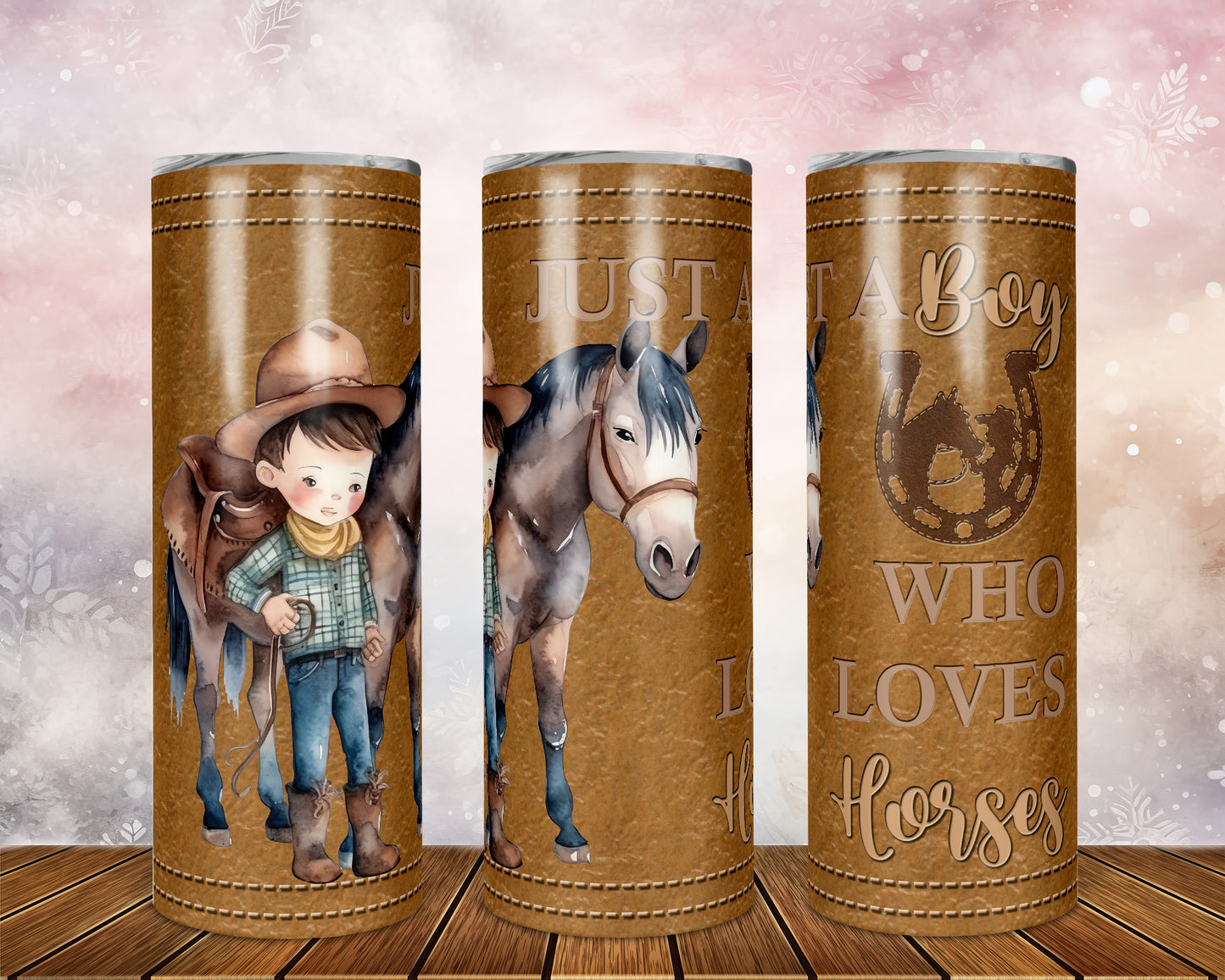 Skinny Tumbler with Straw, 20oz, Personalised, Horse and Boy, Western, Just a Boy Who Loves Horses