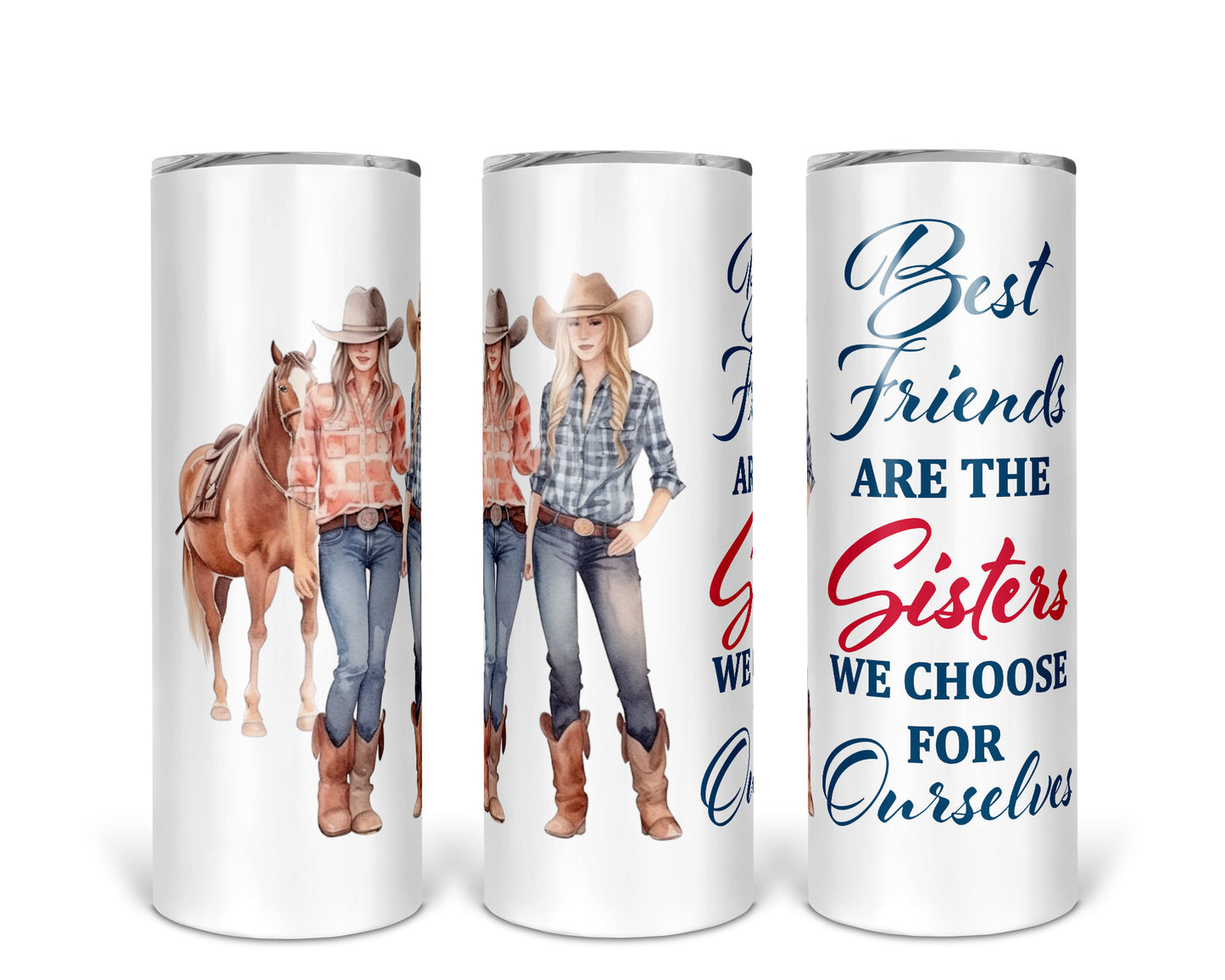 Skinny Tumbler with Straw, 20oz, Personalised, Horse and Girls, Western, Best Friends