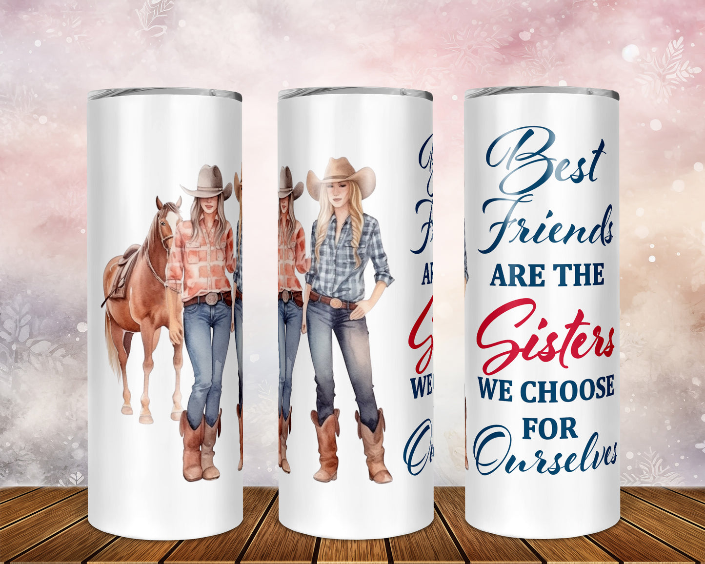 Skinny Tumbler with Straw, 20oz, Personalised, Horse and Girls, Western, Best Friends