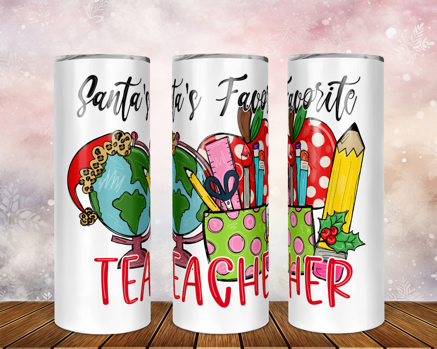 Skinny Tumbler with Straw, 20oz,  Santa's Favorite Teacher