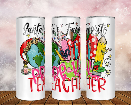 Skinny Tumbler with Straw, 20oz,  Santa's Favorite Pre-K Teacher